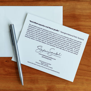 Back view of a wildlife notecard of bird on giraffe showing species description lying flat on a table with a pen and envelope