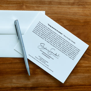 Back view of a song sparrow wildlife notecard showing species description and lying flat on a table with a pen and envelope